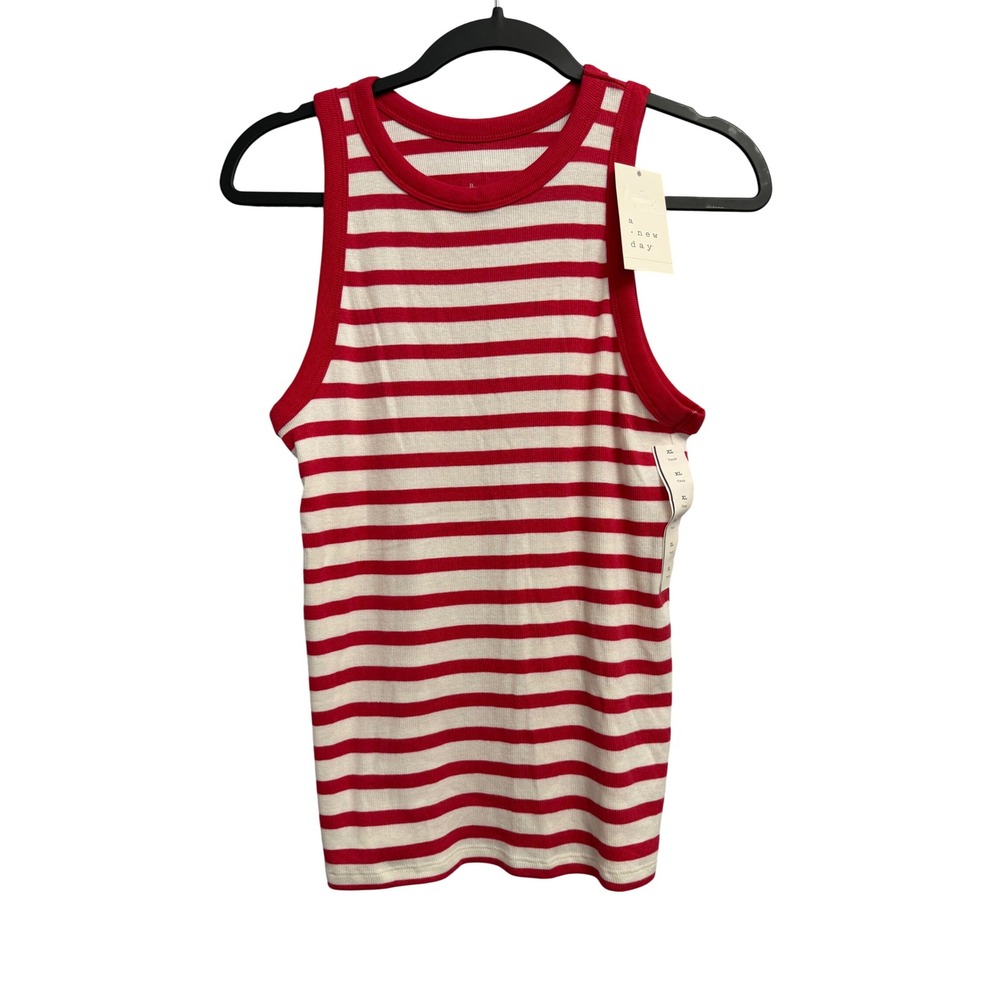 A New Day Womens Ribbed Tank Top Red White Striped Sleeveless XL 018 00 9434